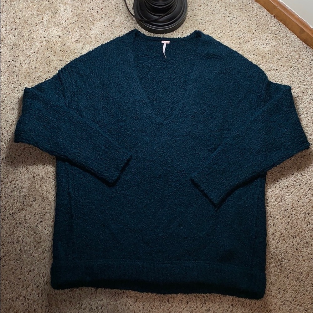 Free People Teal V-Neck Oversized Sweater- Small